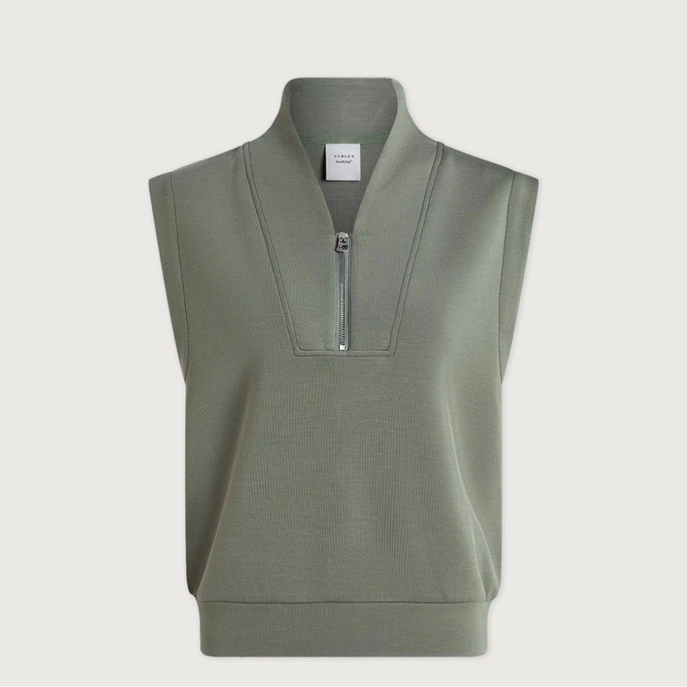 Varley Sleeveless Zip-Neck Knit Top in Olive Green